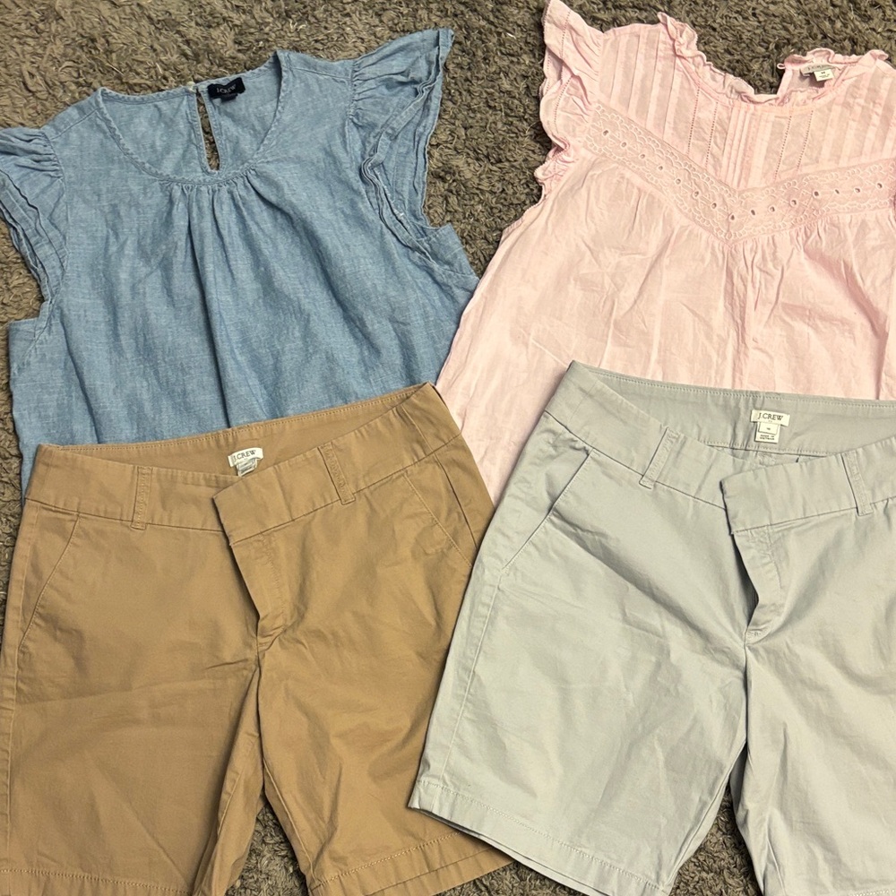 J CREW Chambray Blue Top + Pink Eyelet Top with Tan & Light Gray Shorts